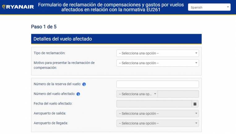 Formulario de Reclamación de compensaciones y gastos por vuelos afectados en relación con la normativa EU261.