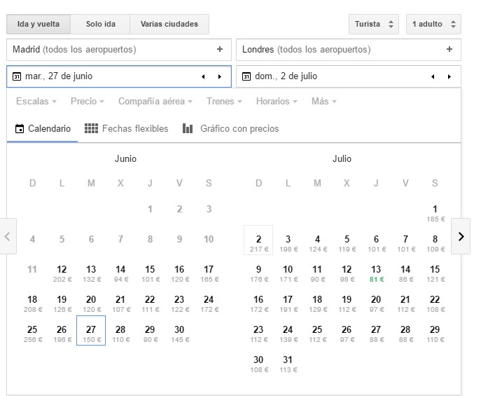 Cómo usar Google Flights si quieres saber los precios de los vuelos de un mes específico.